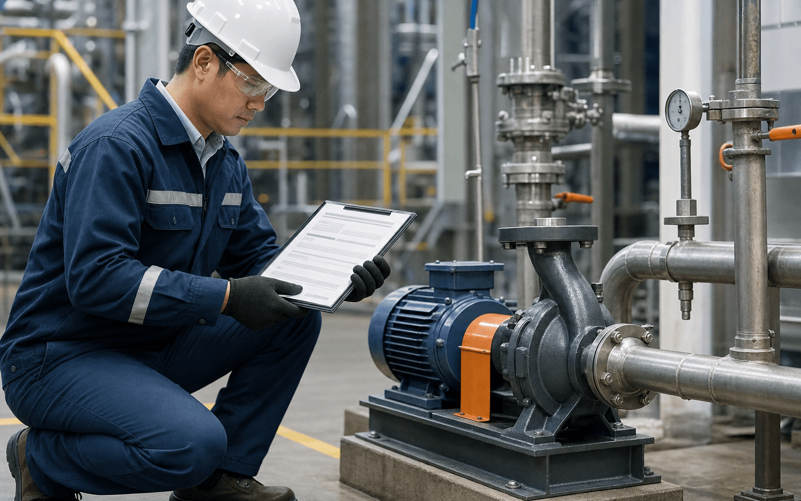 Process engineer reviewing Safety Data Sheet next to a chemical transfer pump
