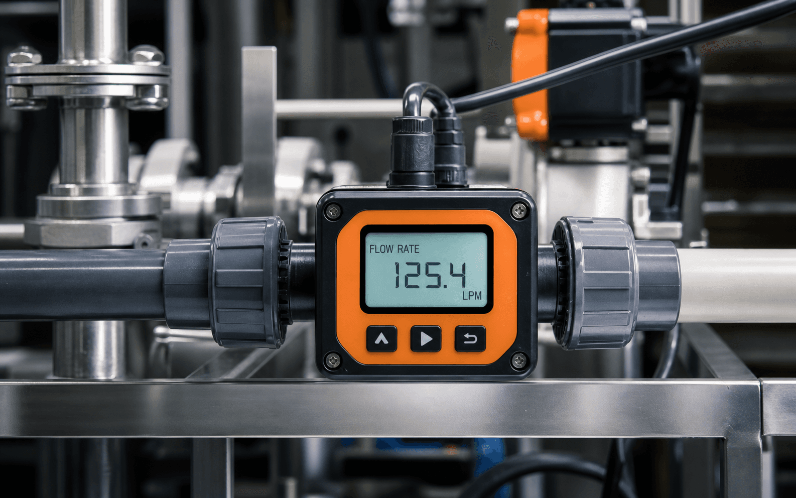 Flow rate meter showing LPM reading on chemical transfer pipe