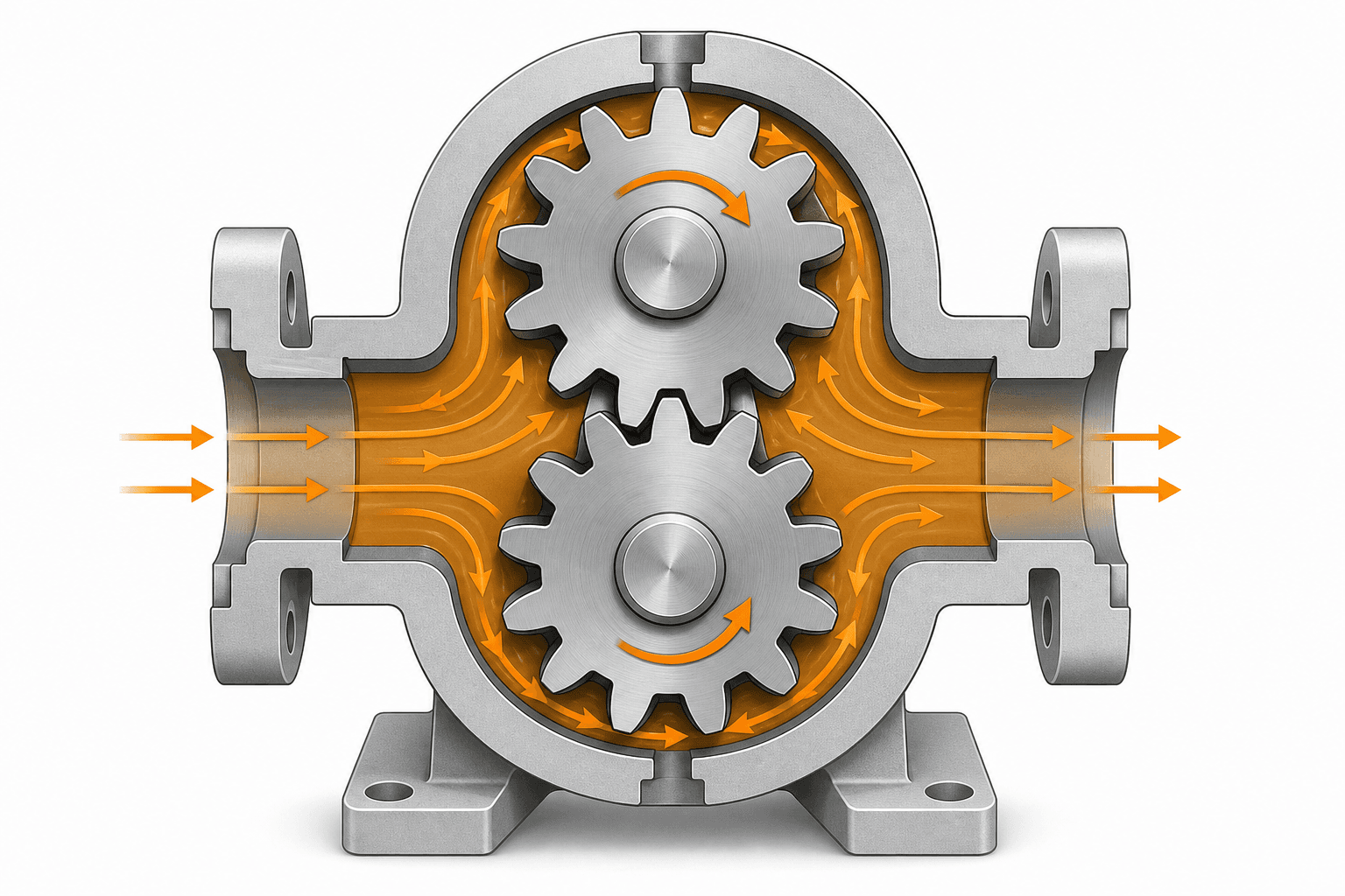Cutaway diagram of gear pump showing meshing gears trapping and displacing fluid