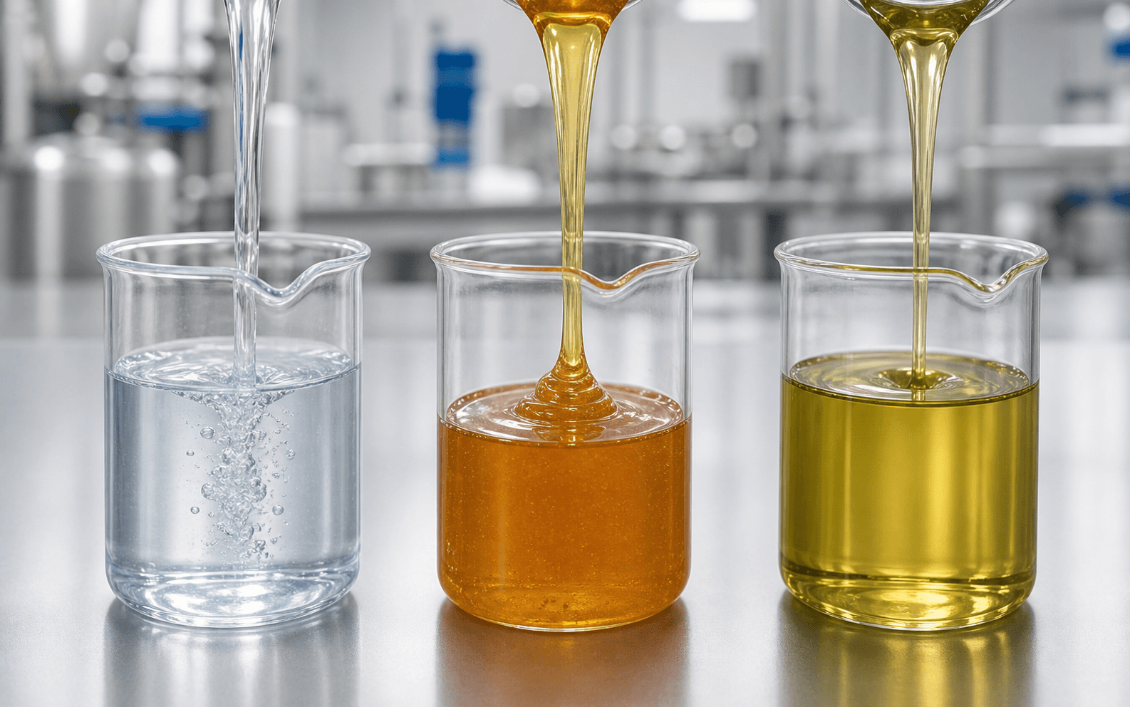 Viscosity comparison showing water, oil, and honey in beakers with cP values