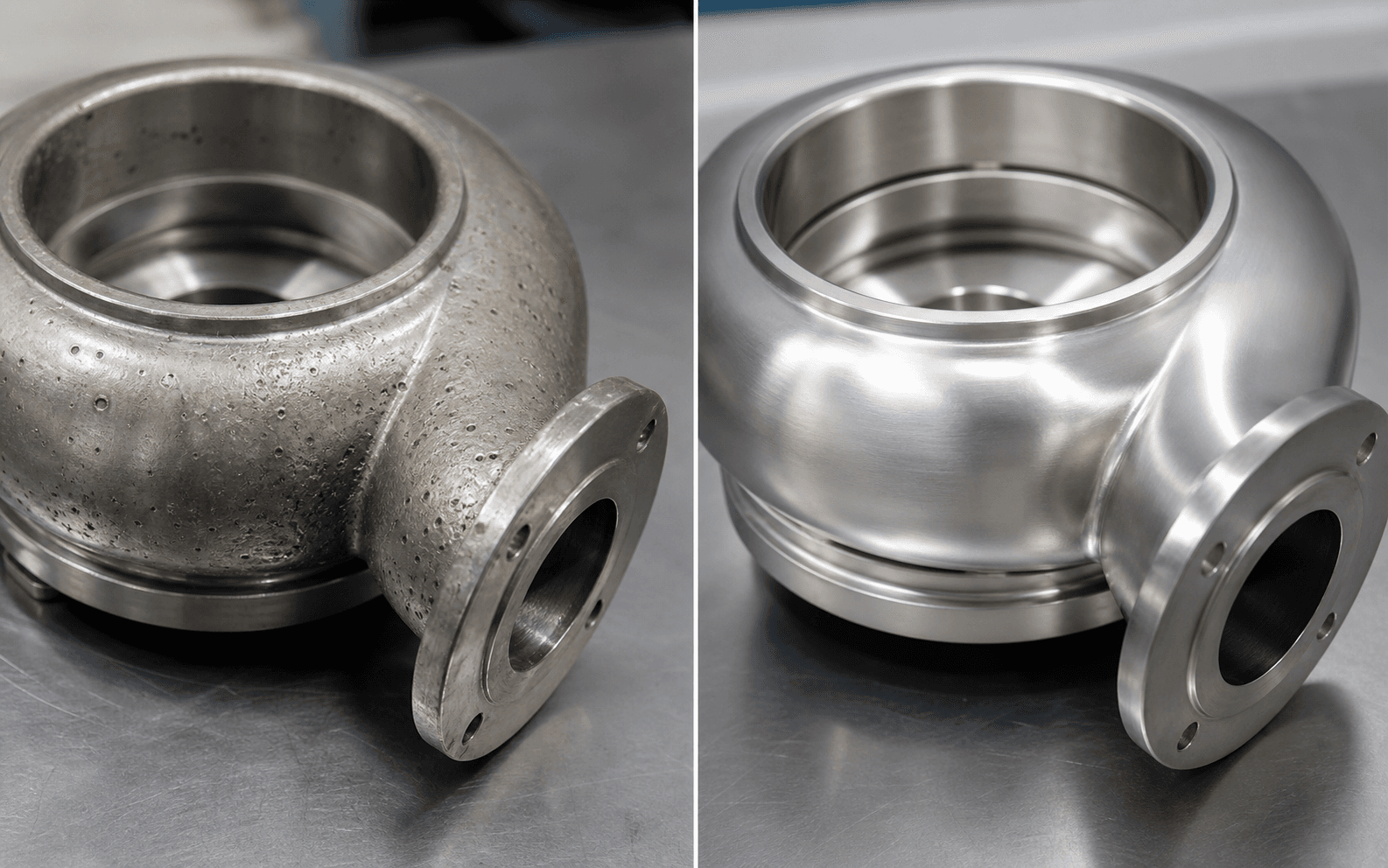 SS304 pump impeller with pitting corrosion alongside clean SS316 impeller