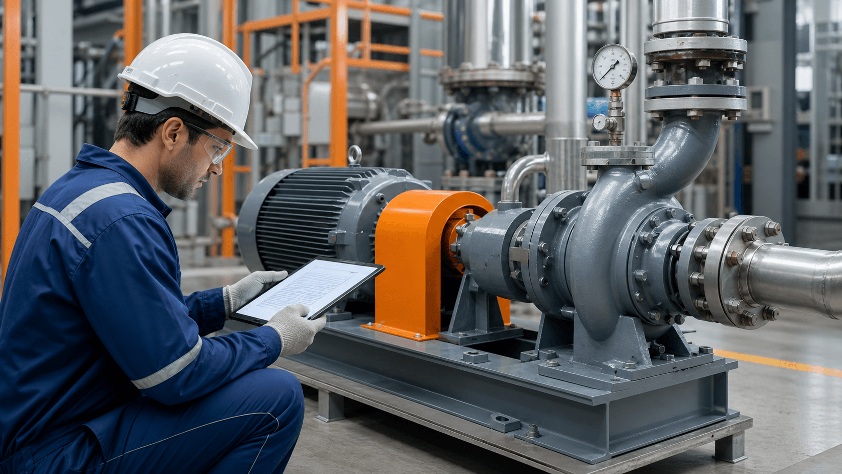 Industrial pump preventive maintenance checklist with engineer at pump