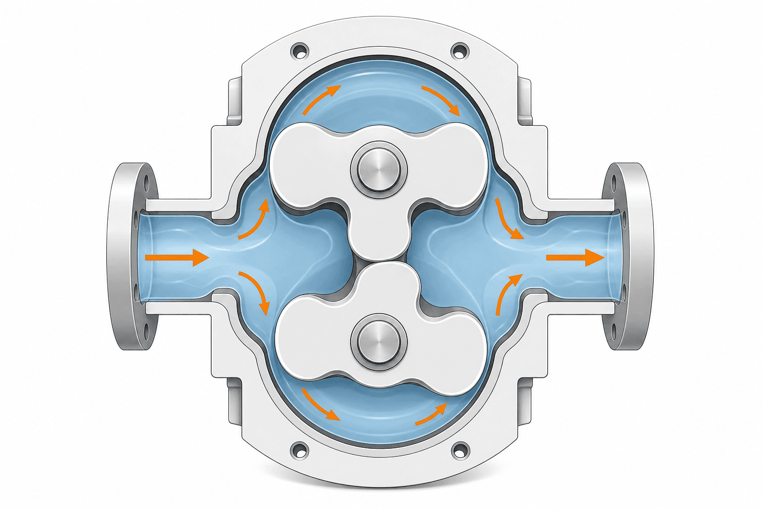 Internal view of lobe pump rotors showing large cavity and gentle fluid movement