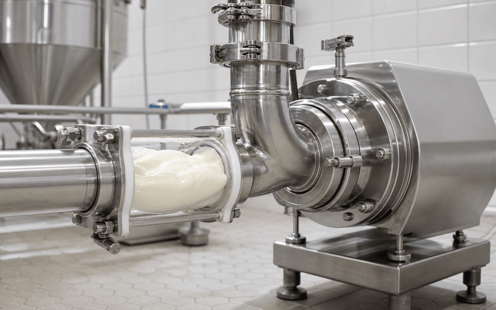 Yogurt and cream being transferred through sanitary piping maintaining texture