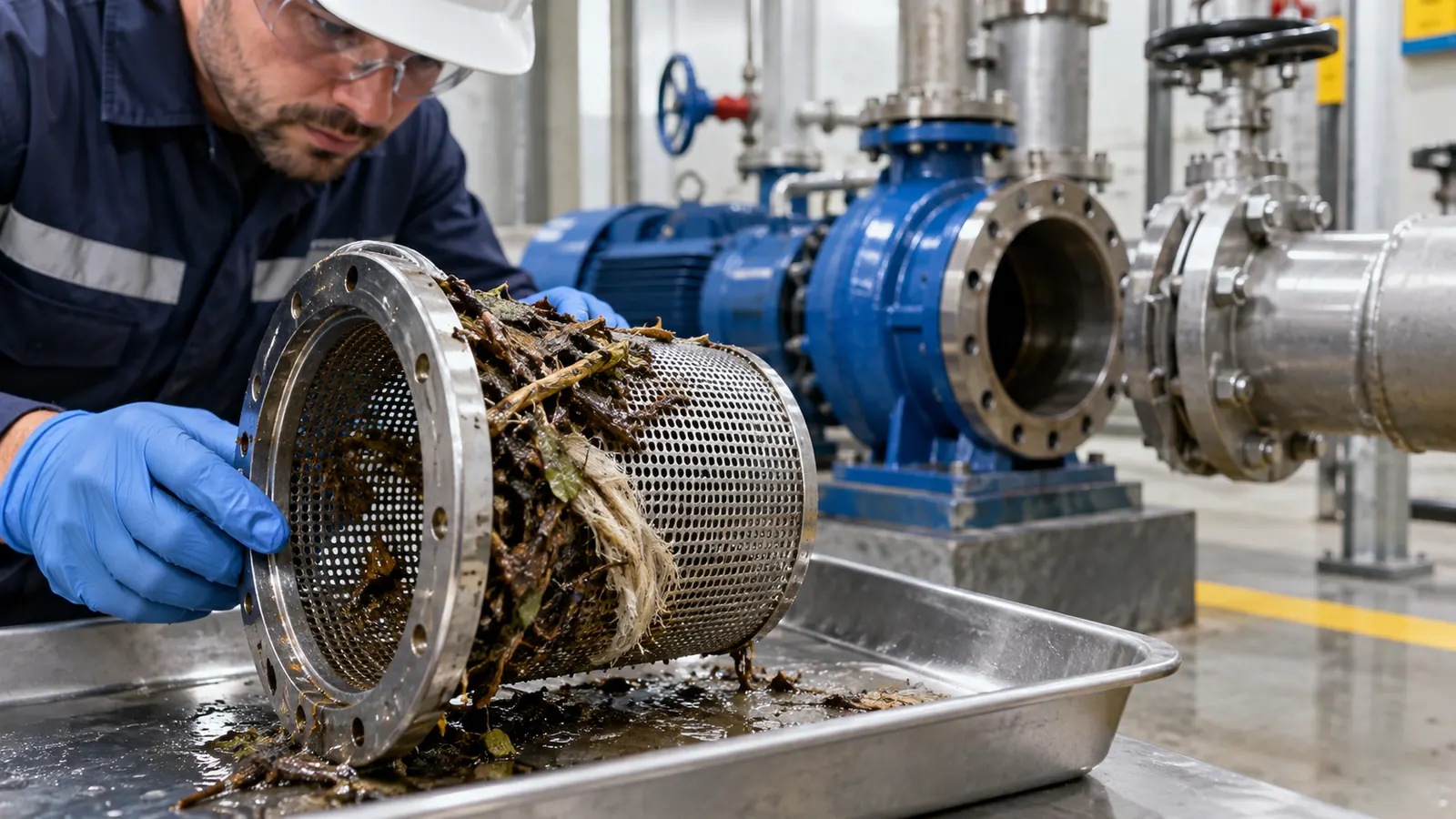 Blocked suction strainer beside a centrifugal pump
