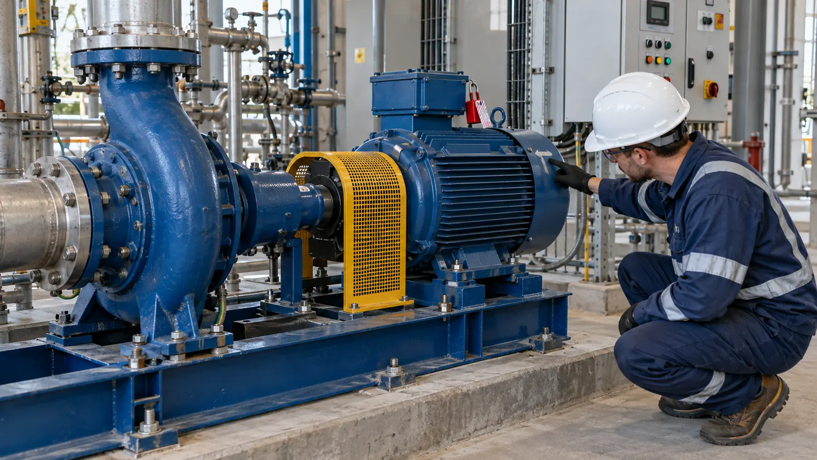 Technician checking centrifugal pump motor rotation direction