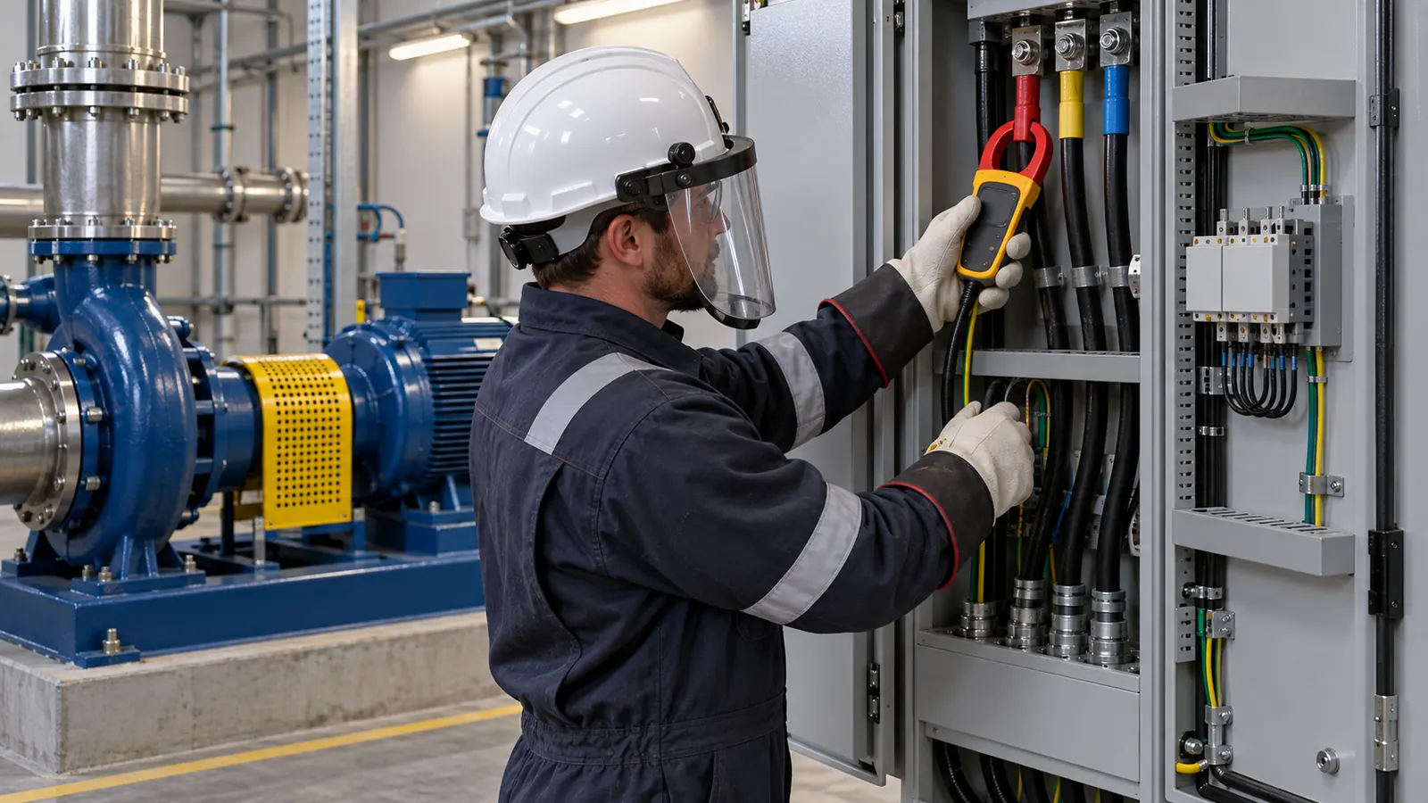 Qualified technician checking an industrial pump motor electrical panel