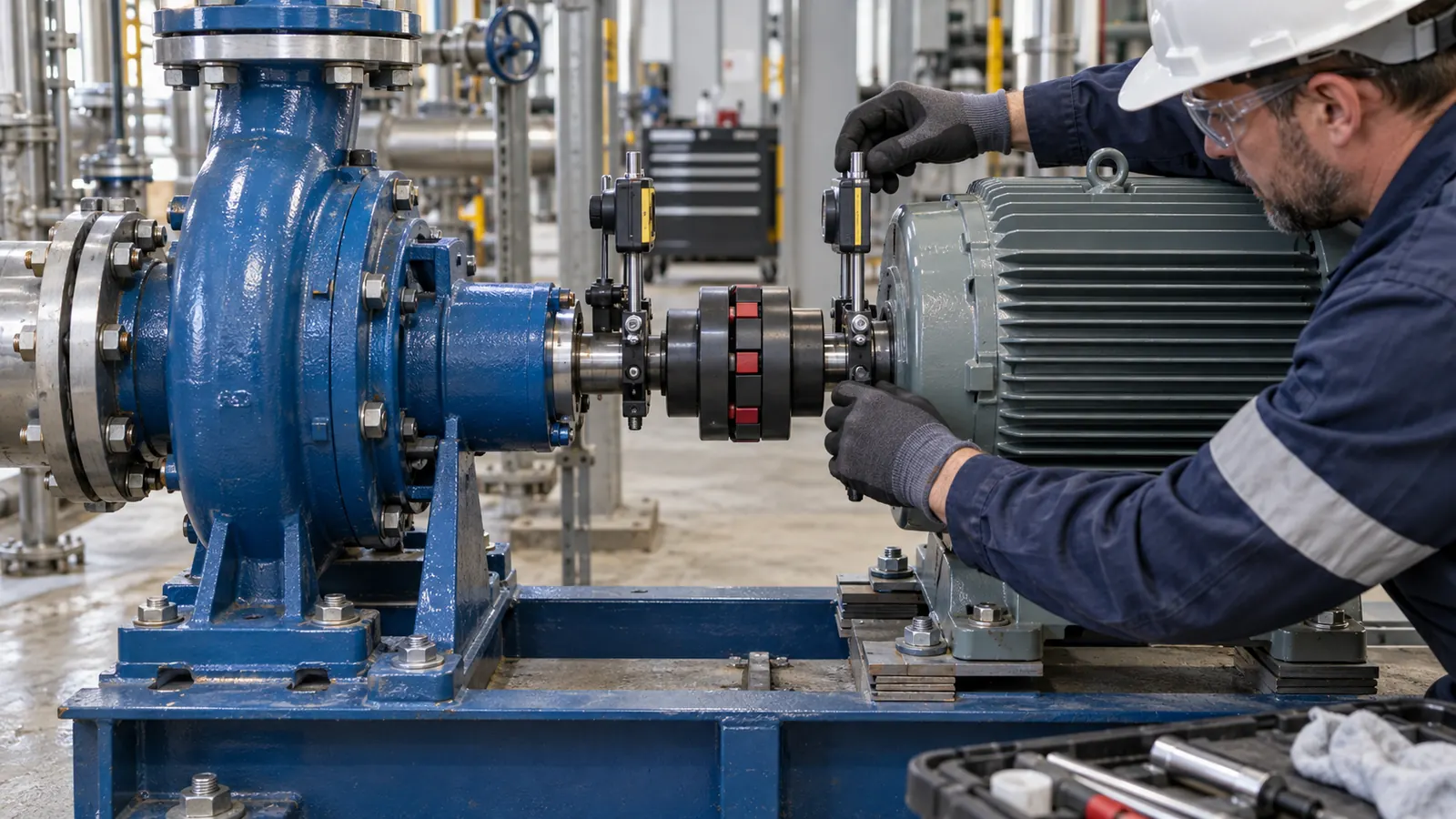 Pump and motor coupling alignment being inspected during maintenance