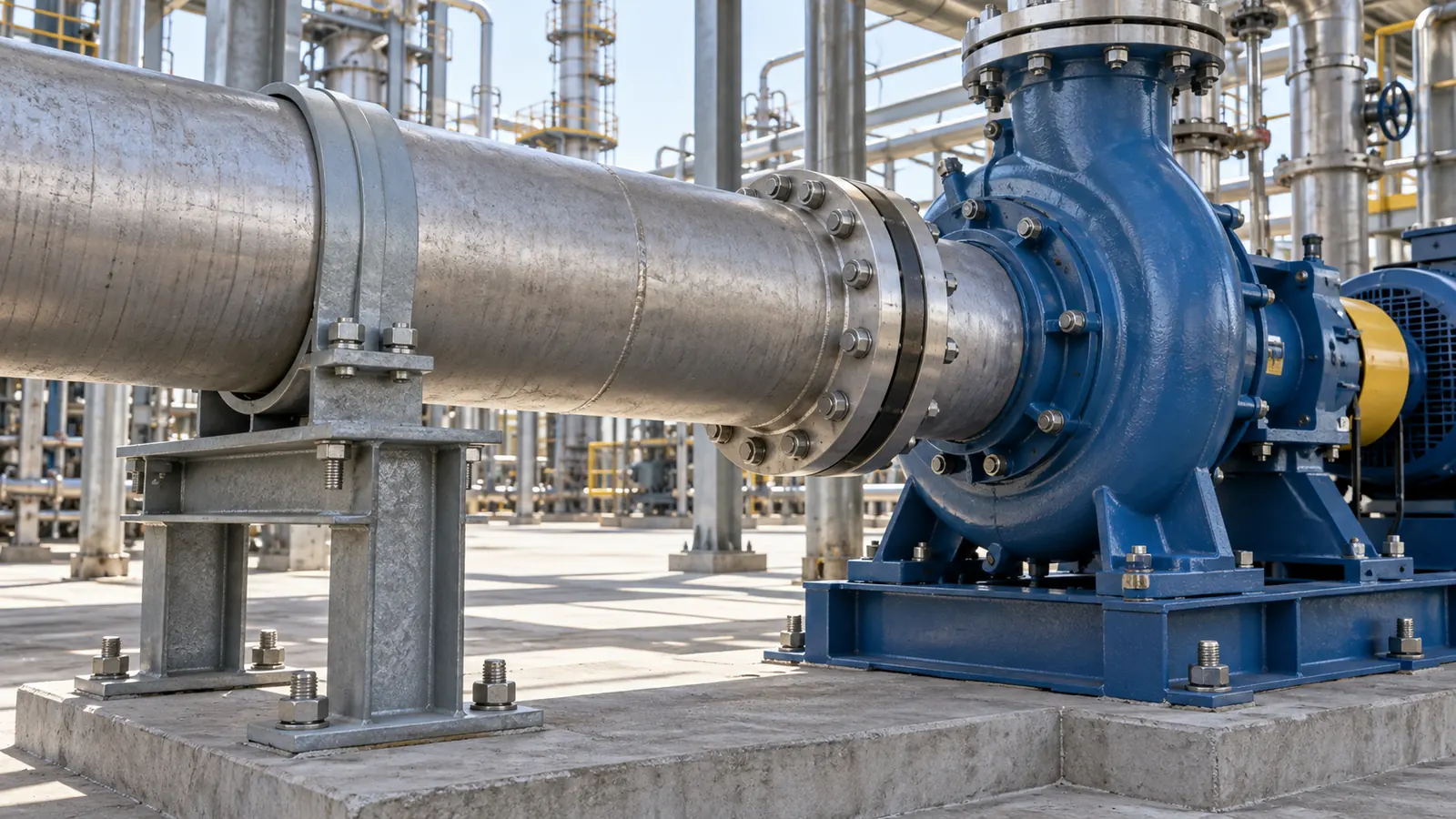 Independently supported suction piping next to a centrifugal pump nozzle