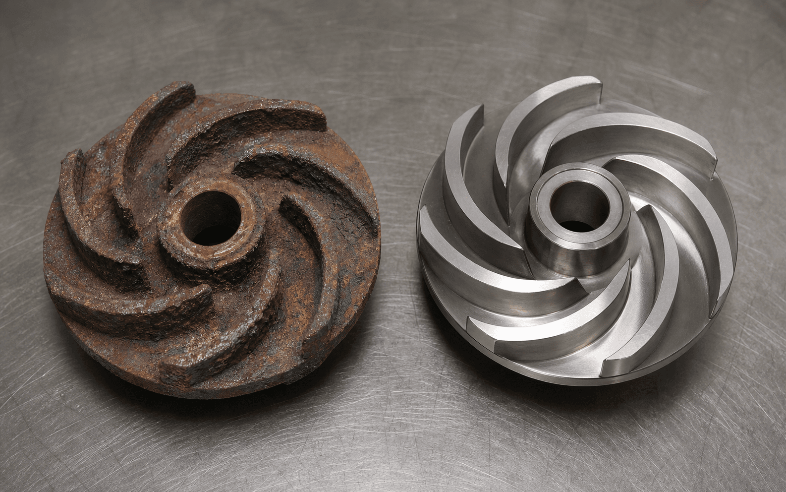 Corroded cast iron pump impeller alongside intact SS316 impeller for comparison