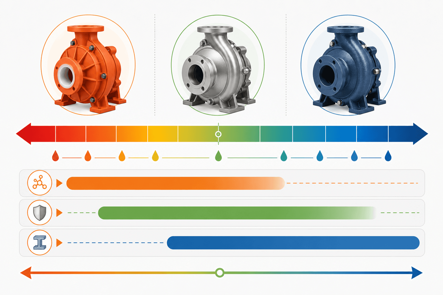 pH scale 0-14 with pump material compatibility zones for PP, SS316, and Cast Iron