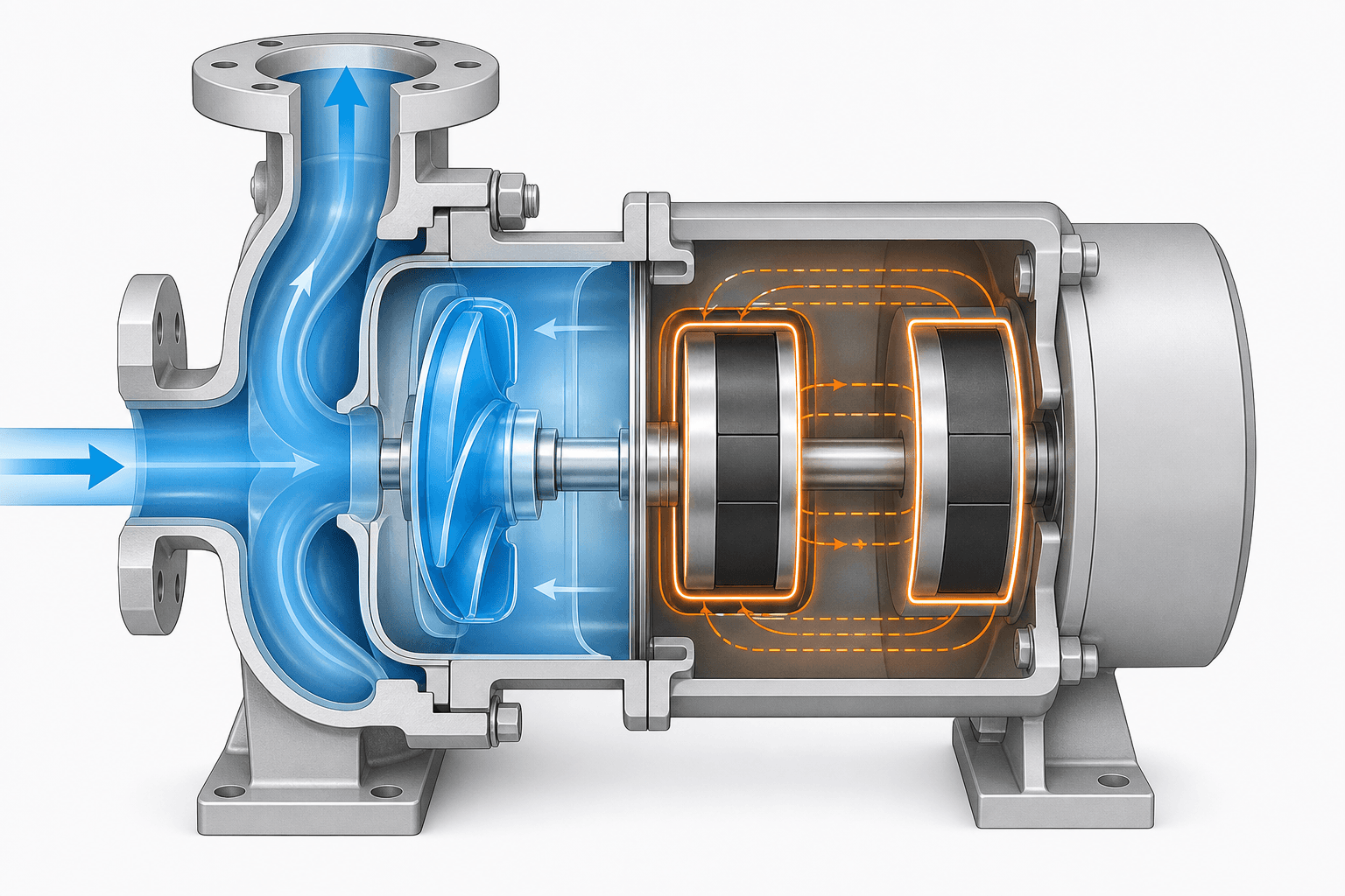 Magnetic drive pump cutaway showing hermetically sealed fluid cavity with no shaft penetration