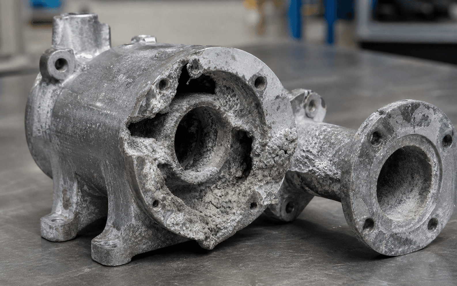 Aluminum pump body severely corroded and dissolved by sodium hydroxide contact