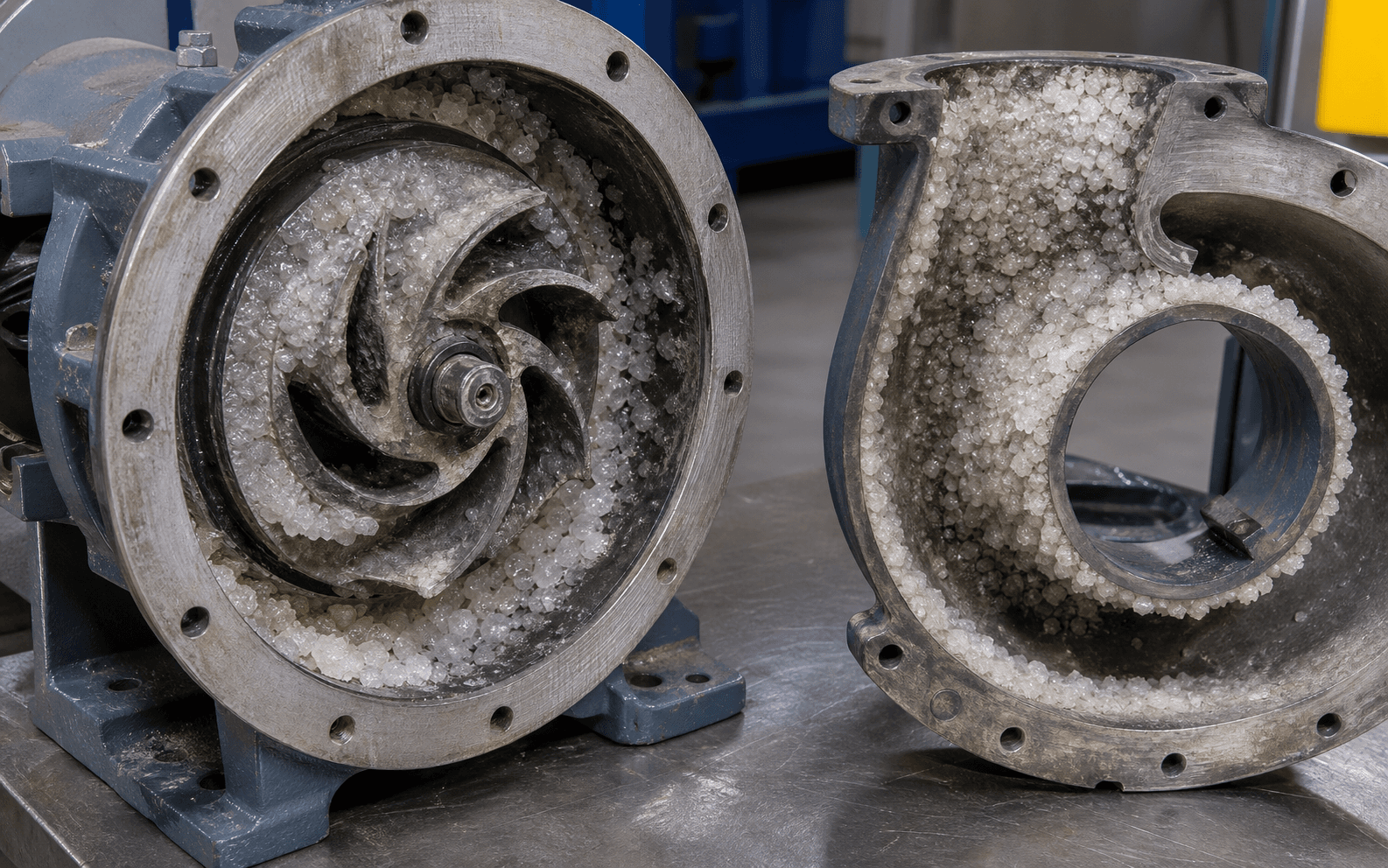 NaOH crystallisation inside pump casing showing white crystal buildup on impeller