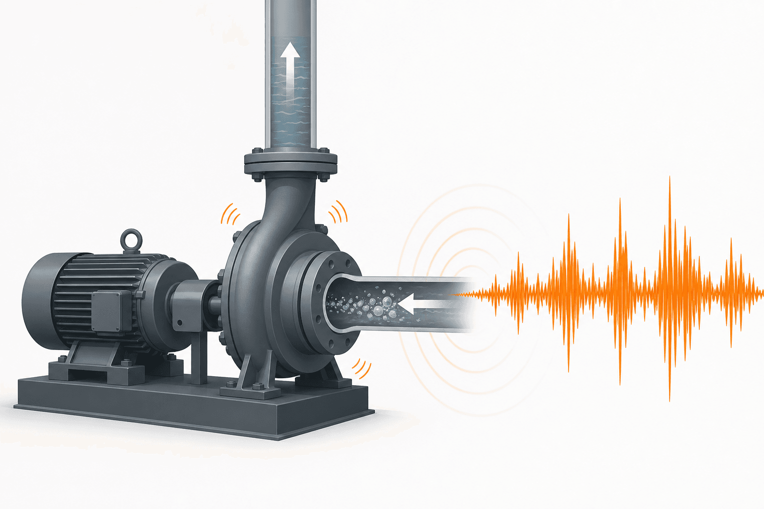 Sound waveform showing cavitation noise signature compared to normal pump operation