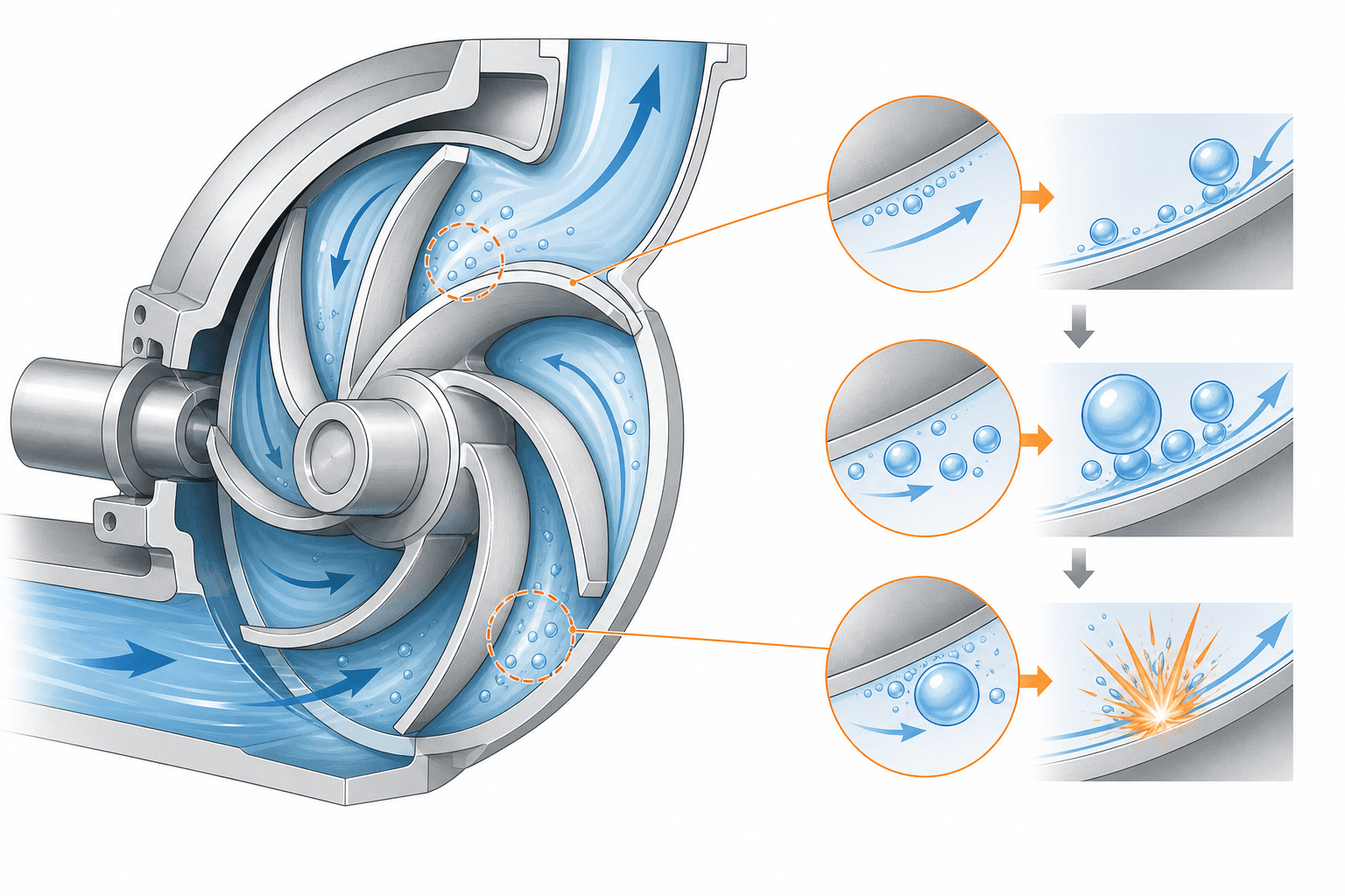 Diagram showing vapour bubble formation and violent implosion inside pump impeller